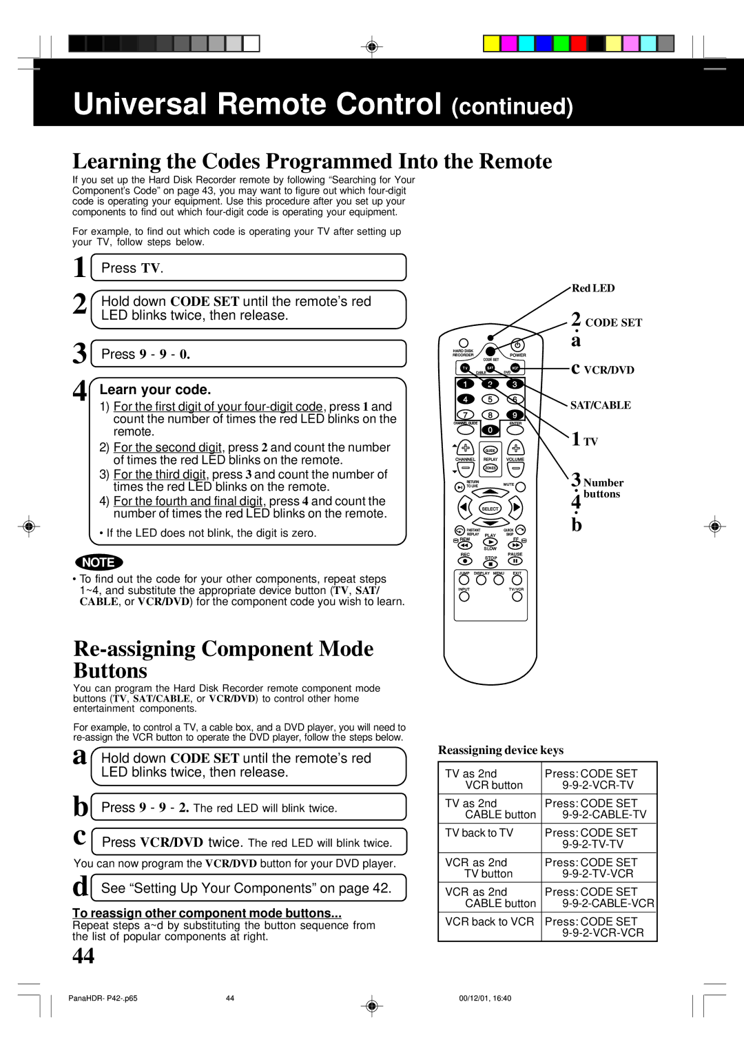 Panasonic PV-HS3000 manual Learning the Codes Programmed Into the Remote, Re-assigning Component Mode Buttons 