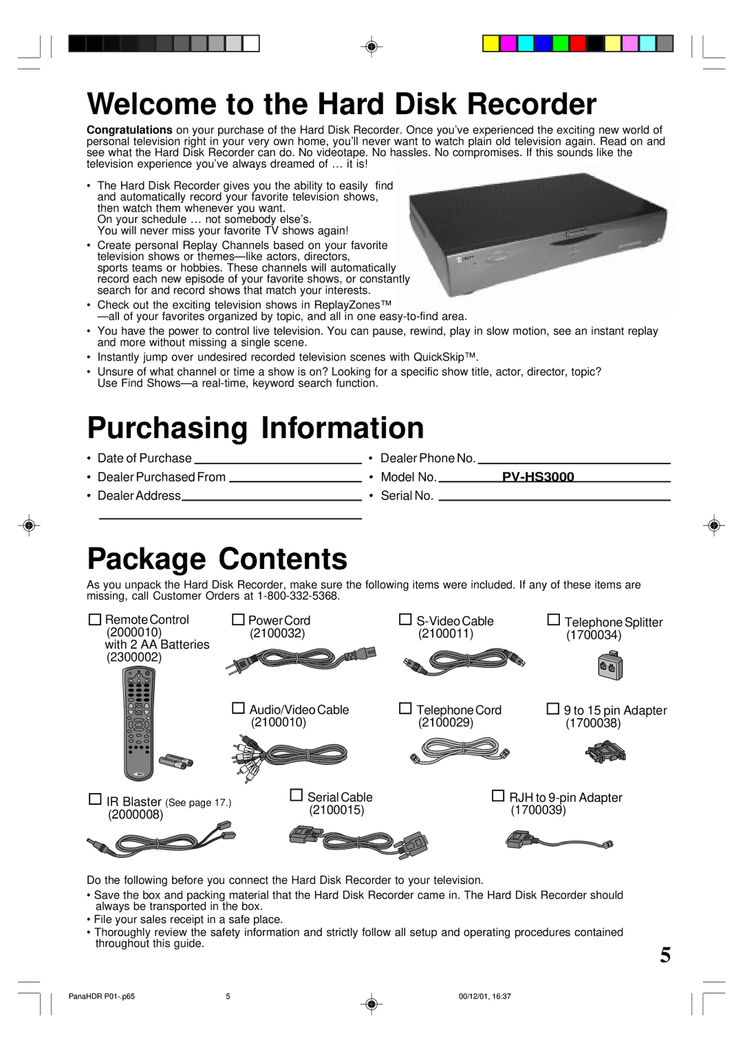 Panasonic PV-HS3000 manual Welcome to the Hard Disk Recorder 