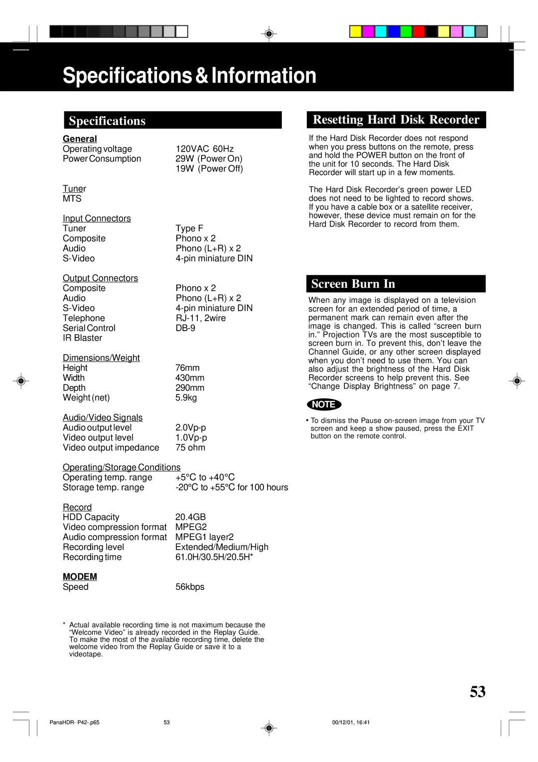 Panasonic PV-HS3000 manual Specifications & Information, Resetting Hard Disk Recorder, Screen Burn, General 