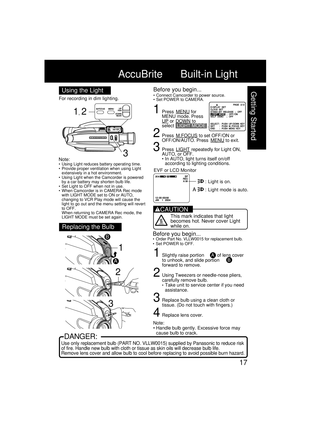 Panasonic PV-L354 operating instructions AccuBrite Built-in Light, Using the Light, Replacing the Bulb 