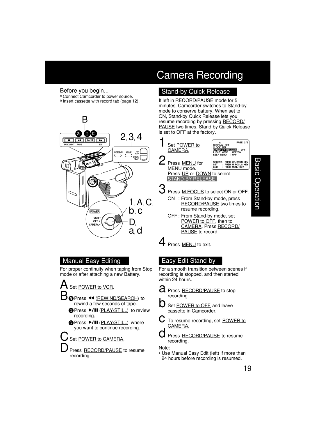 Panasonic PV-L354 Camera Recording, Stand-by Quick Release, Manual Easy Editing, Easy Edit Stand-by, STAND-BY Release 