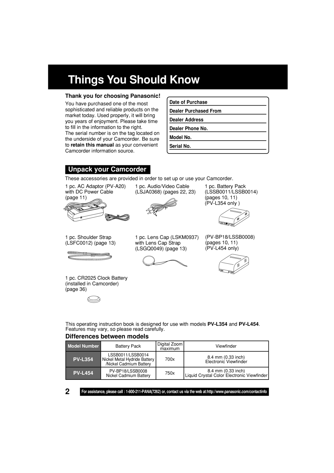 Panasonic Things You Should Know, Unpack your Camcorder, Thank you for choosing Panasonic, Pages 10, PV-L354 only 