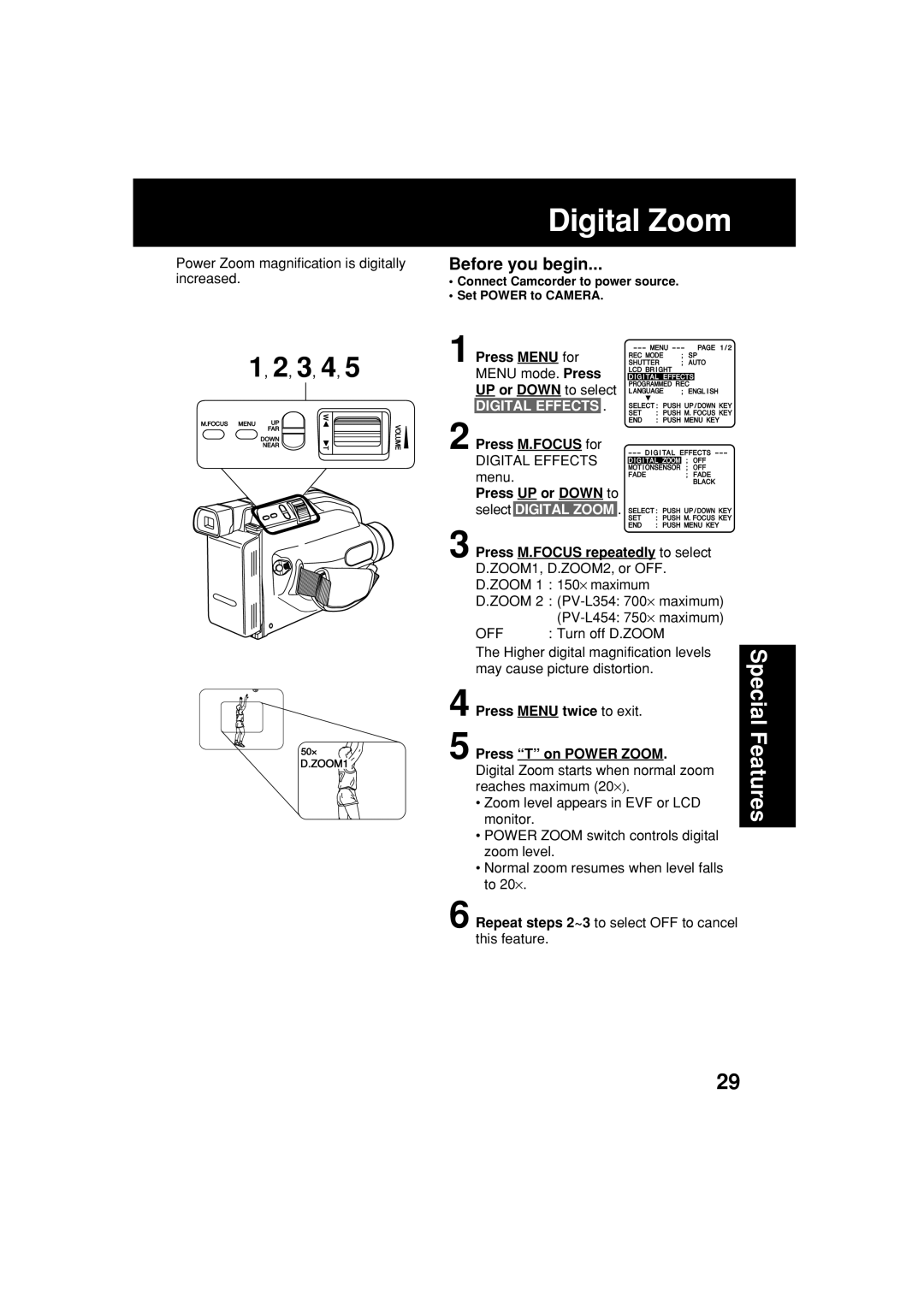 Panasonic PV-L354 Digital Zoom, Press T on Power Zoom, Repeat steps 2~3 to select OFF to cancel this feature 