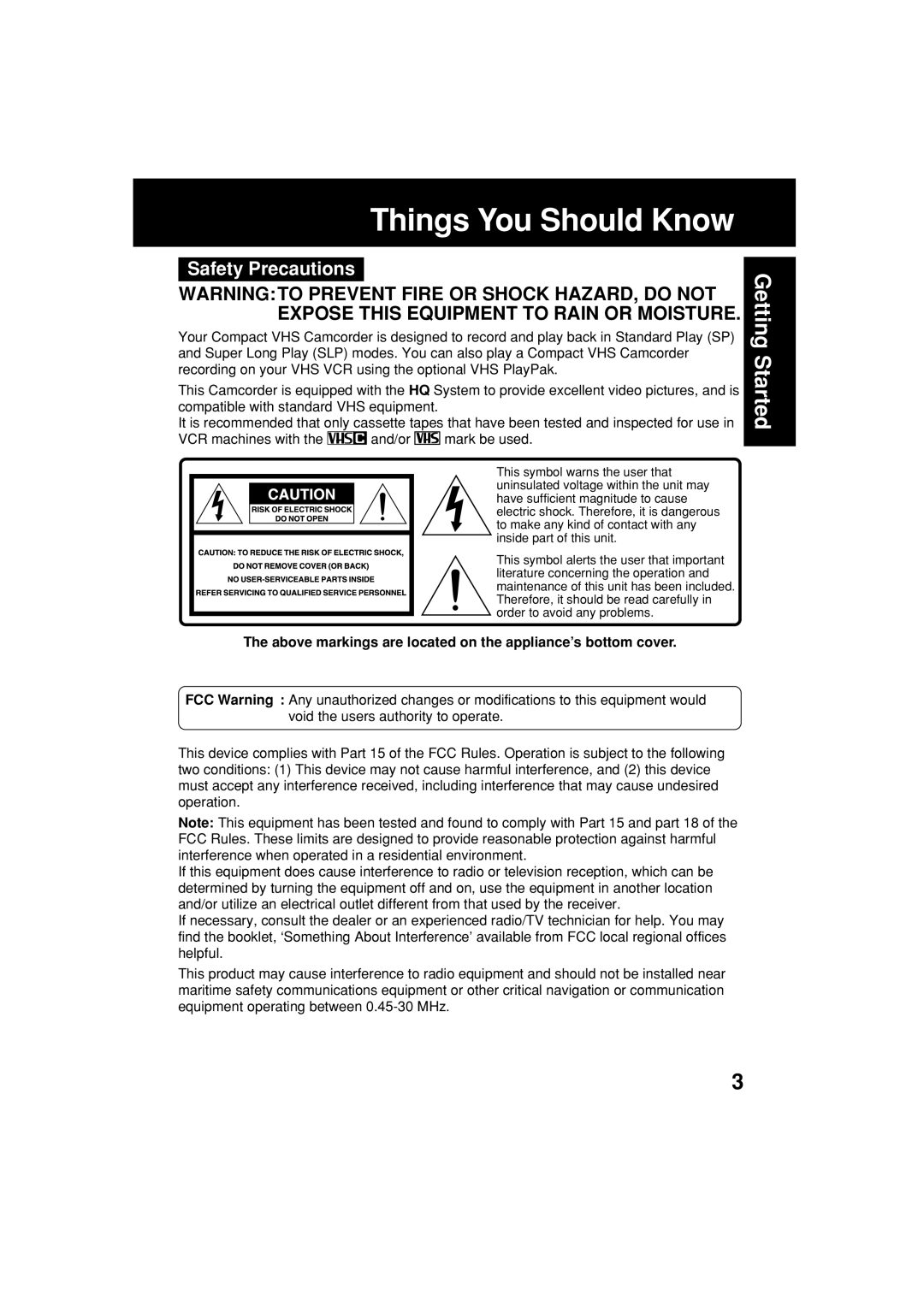 Panasonic PV-L354 operating instructions Safety Precautions, Above markings are located on the appliance’s bottom cover 