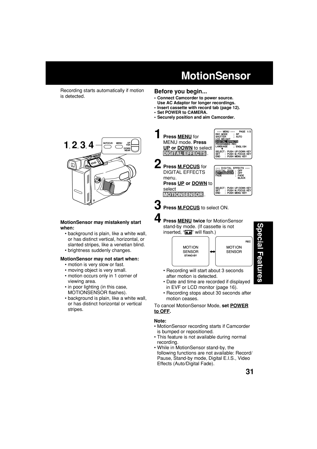 Panasonic PV-L354 MotionSensor may mistakenly start when, MotionSensor may not start when, Motionsensor 