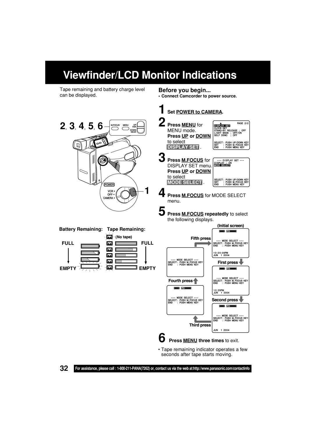 Panasonic PV-L354 Viewfinder/LCD Monitor Indications, Mode Select, Full Empty, Press Menu three times to exit 