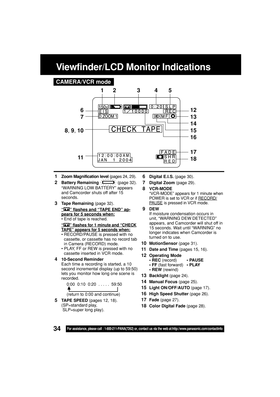 Panasonic PV-L354 operating instructions CAMERA/VCR mode, Vcr-Mode, Dew, Pause 