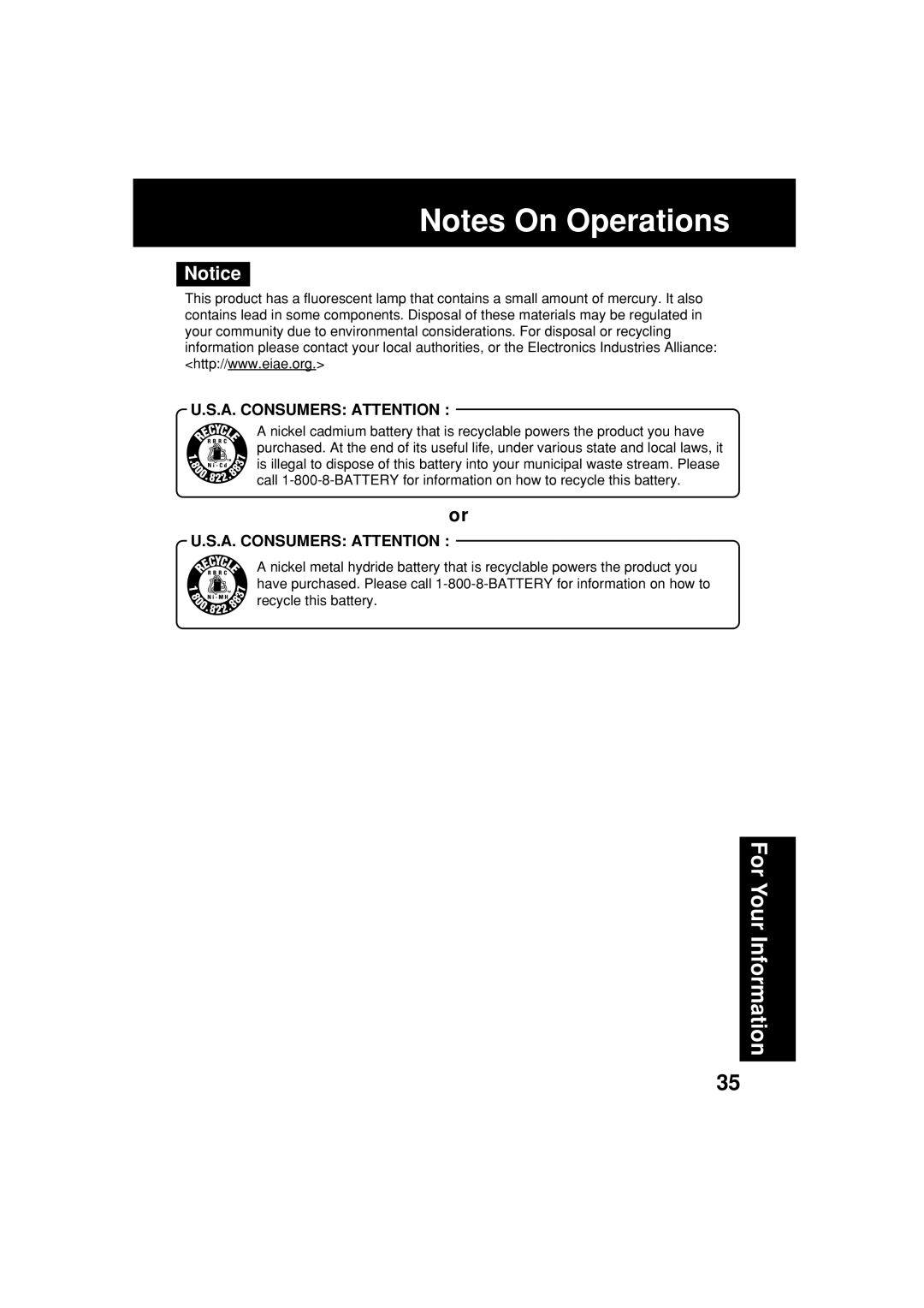 Panasonic PV-L354 operating instructions Information 