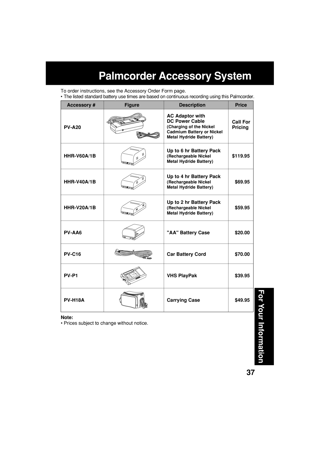 Panasonic PV-L354 operating instructions Palmcorder Accessory System, PV-AA6 