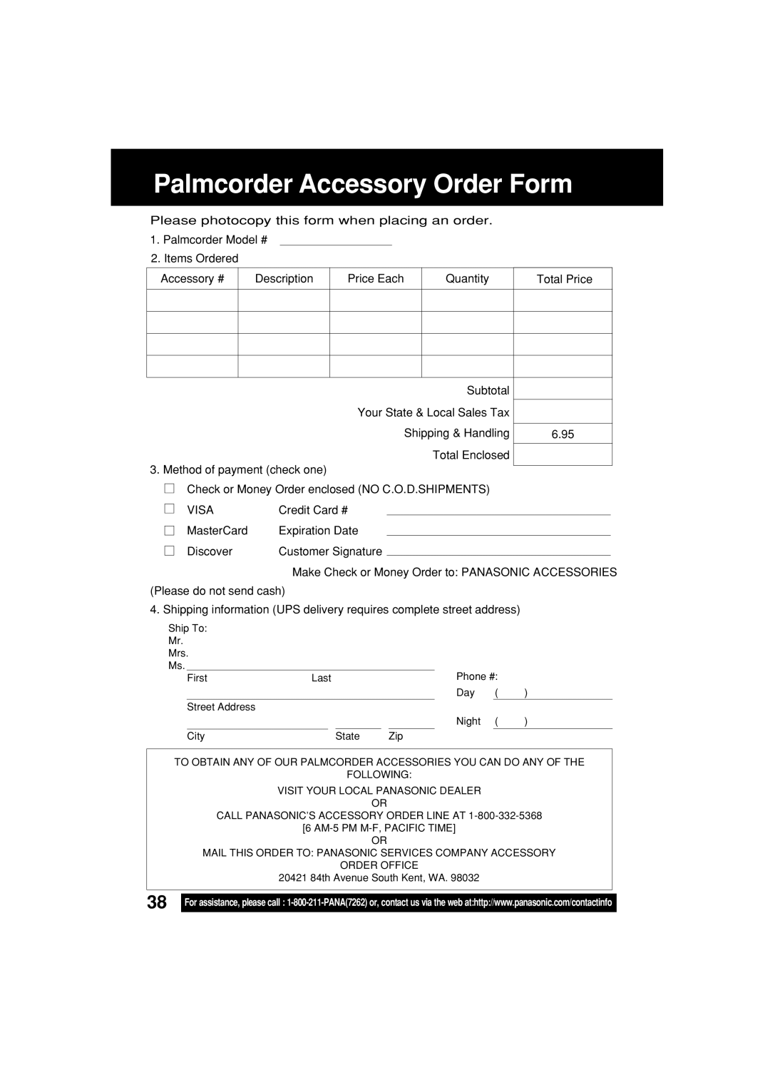 Panasonic PV-L354 operating instructions Palmcorder Accessory Order Form, Visa 