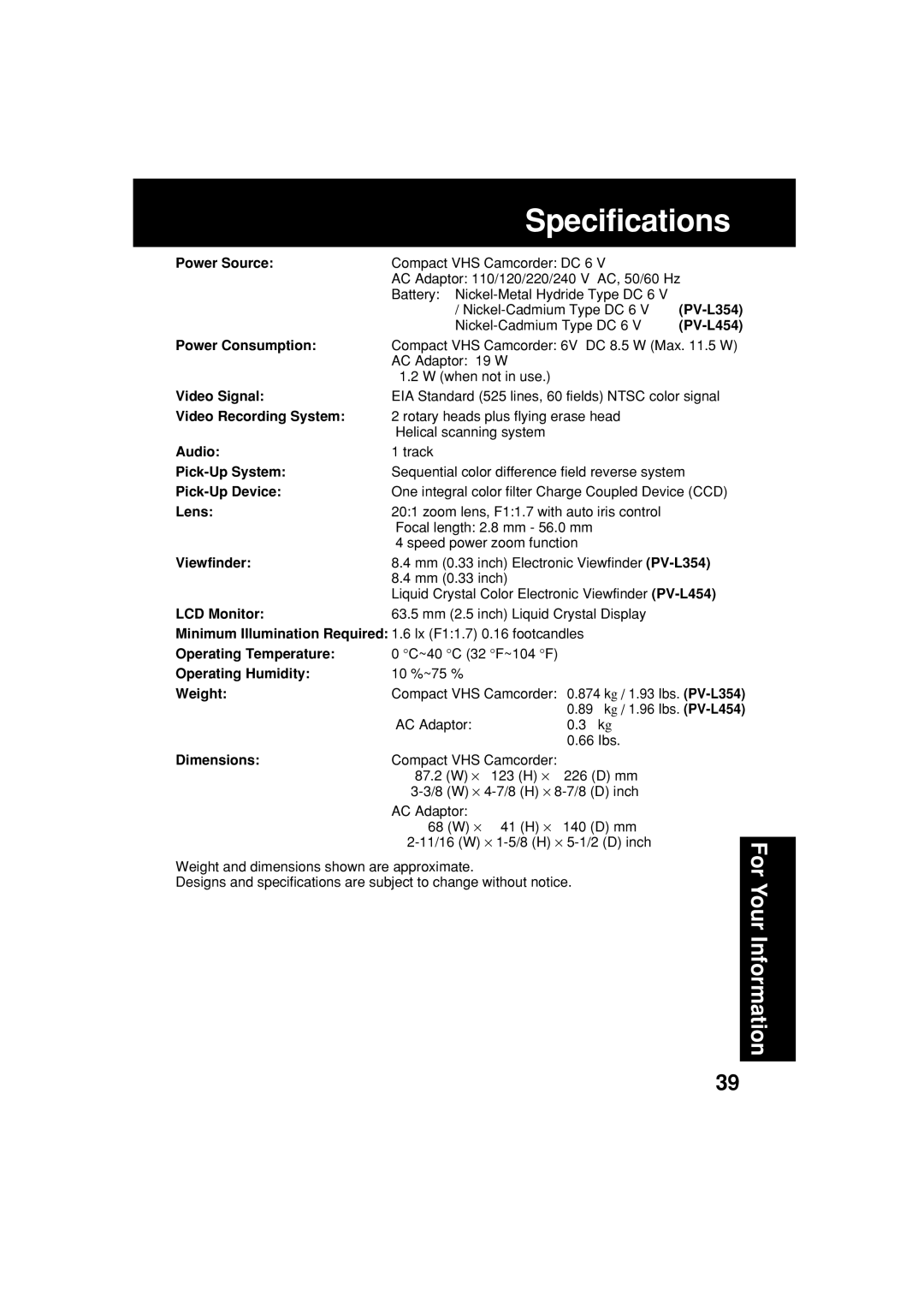 Panasonic PV-L354 operating instructions Specifications 