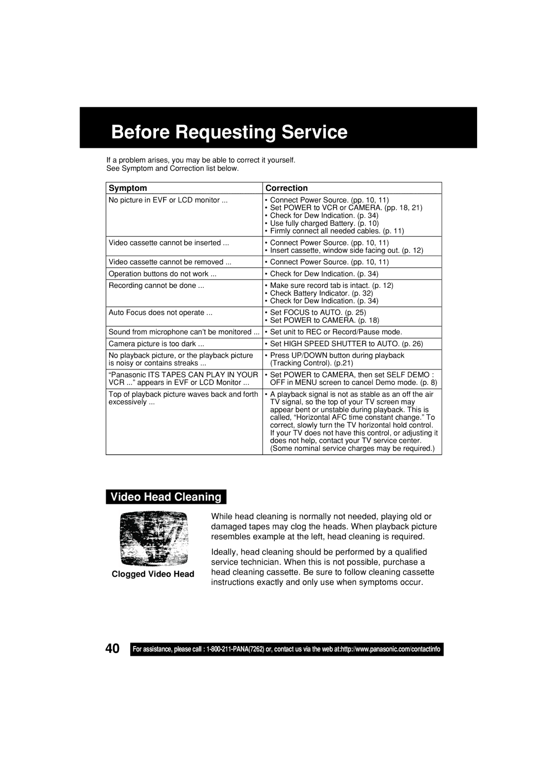 Panasonic PV-L354 operating instructions Before Requesting Service, Video Head Cleaning, Symptom Correction 