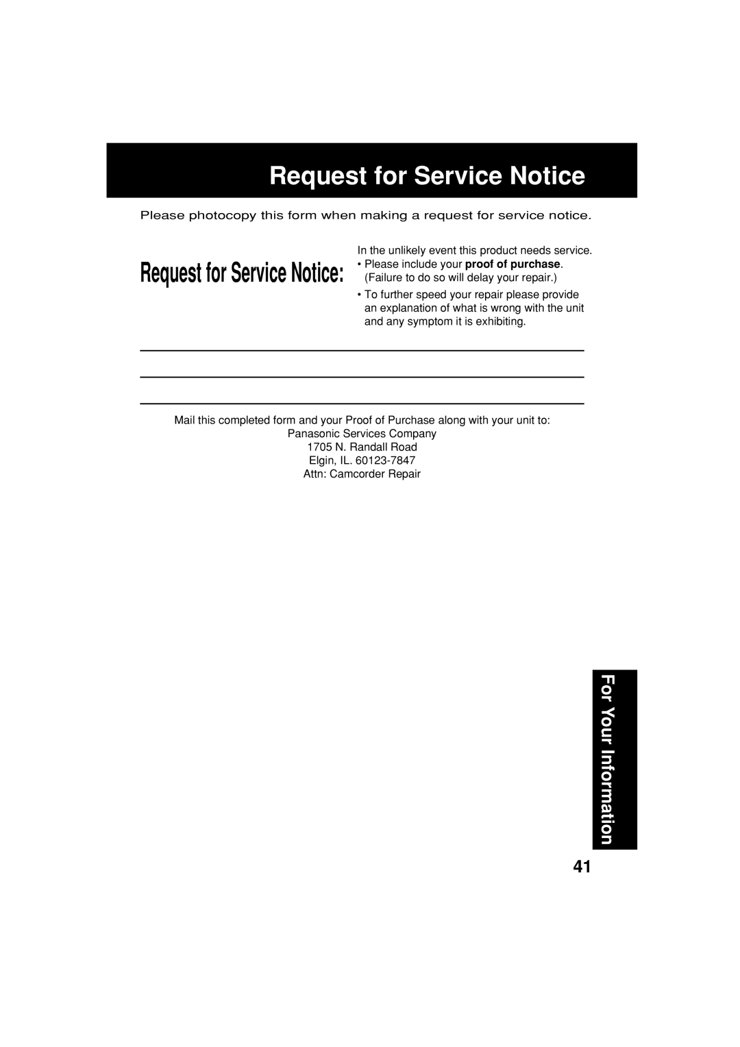 Panasonic PV-L354 operating instructions Request for Service Notice 