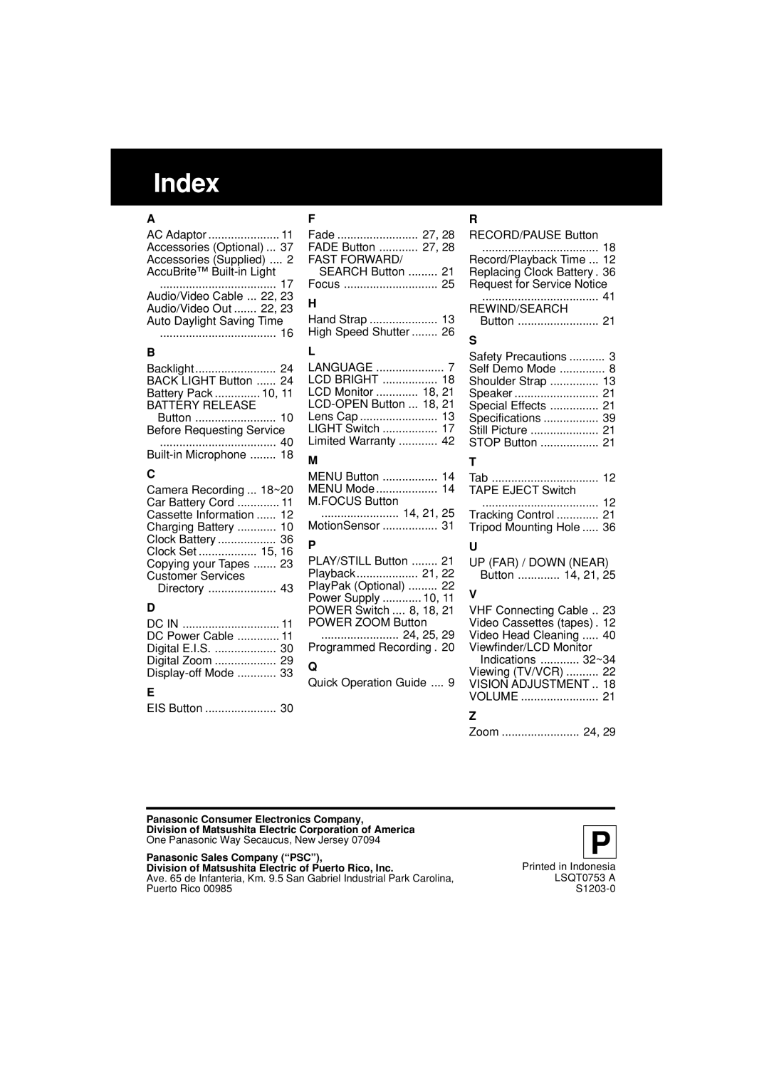 Panasonic PV-L354 operating instructions Index 