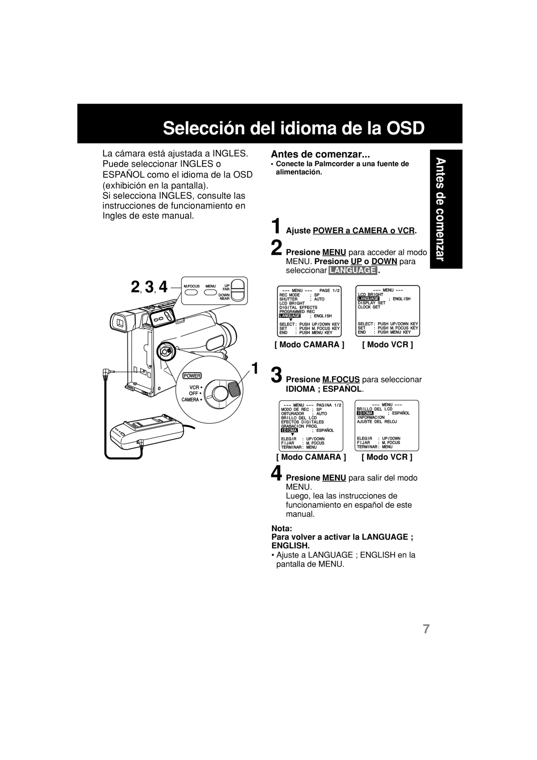 Panasonic PV-L354 operating instructions Selección del idioma de la OSD, Idioma Español, English 