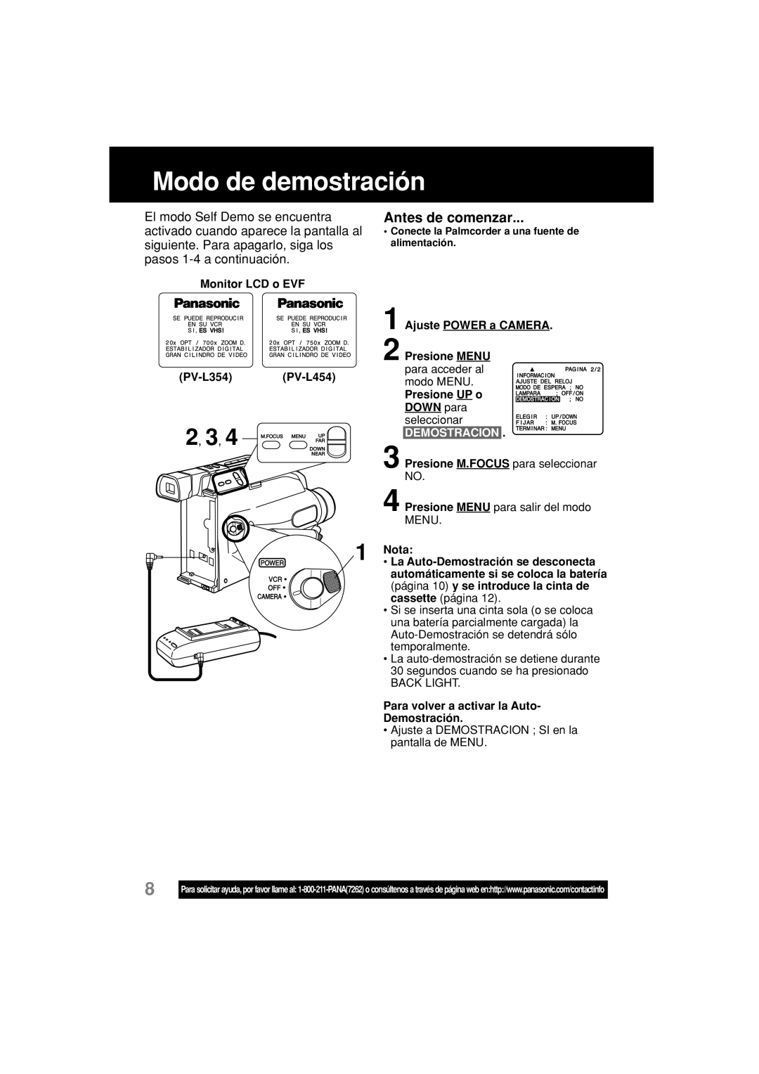 Panasonic PV-L354 operating instructions Modo de demostración, Demostracion, Menu 