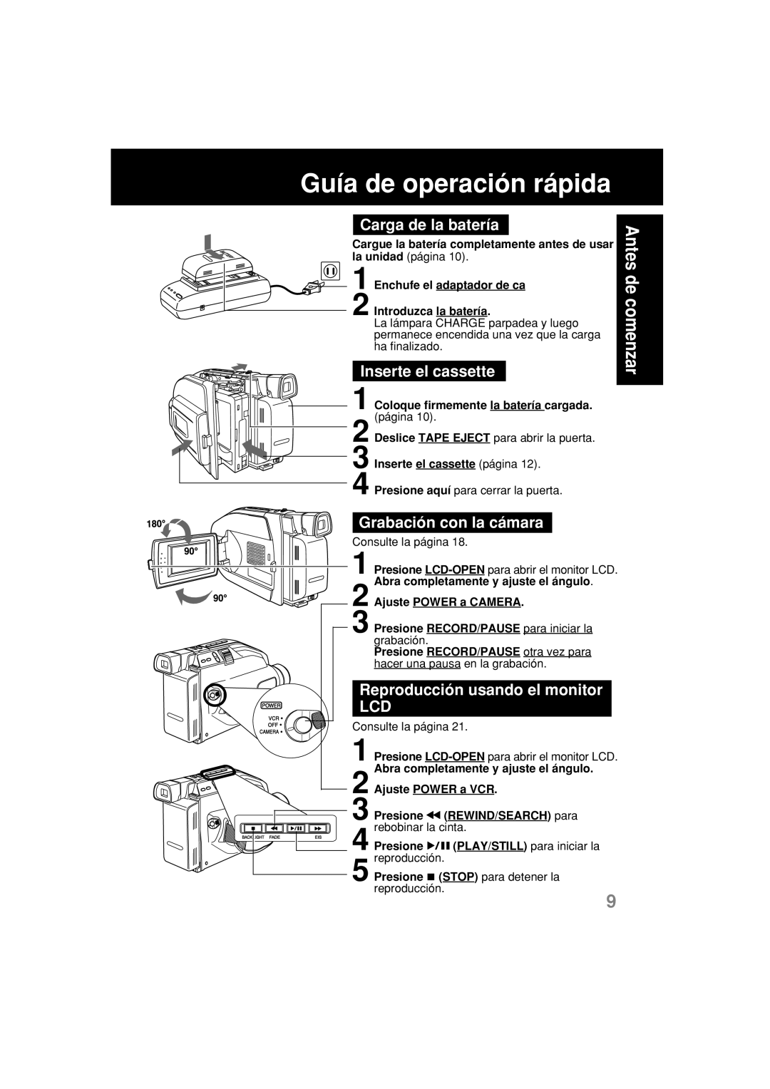 Panasonic PV-L354 operating instructions Abra completamente y ajuste el ángulo, Ajuste Power a VCR, Reproducción 