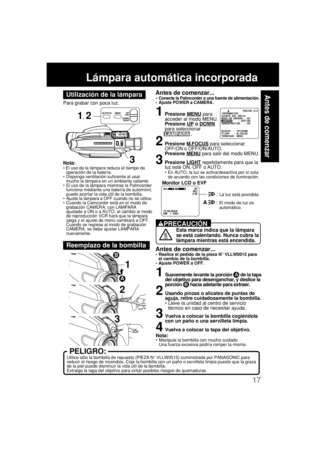 Panasonic PV-L354 Lámpara automática incorporada, Utilización de la lámpara, Reemplazo de la bombilla, Lampara 