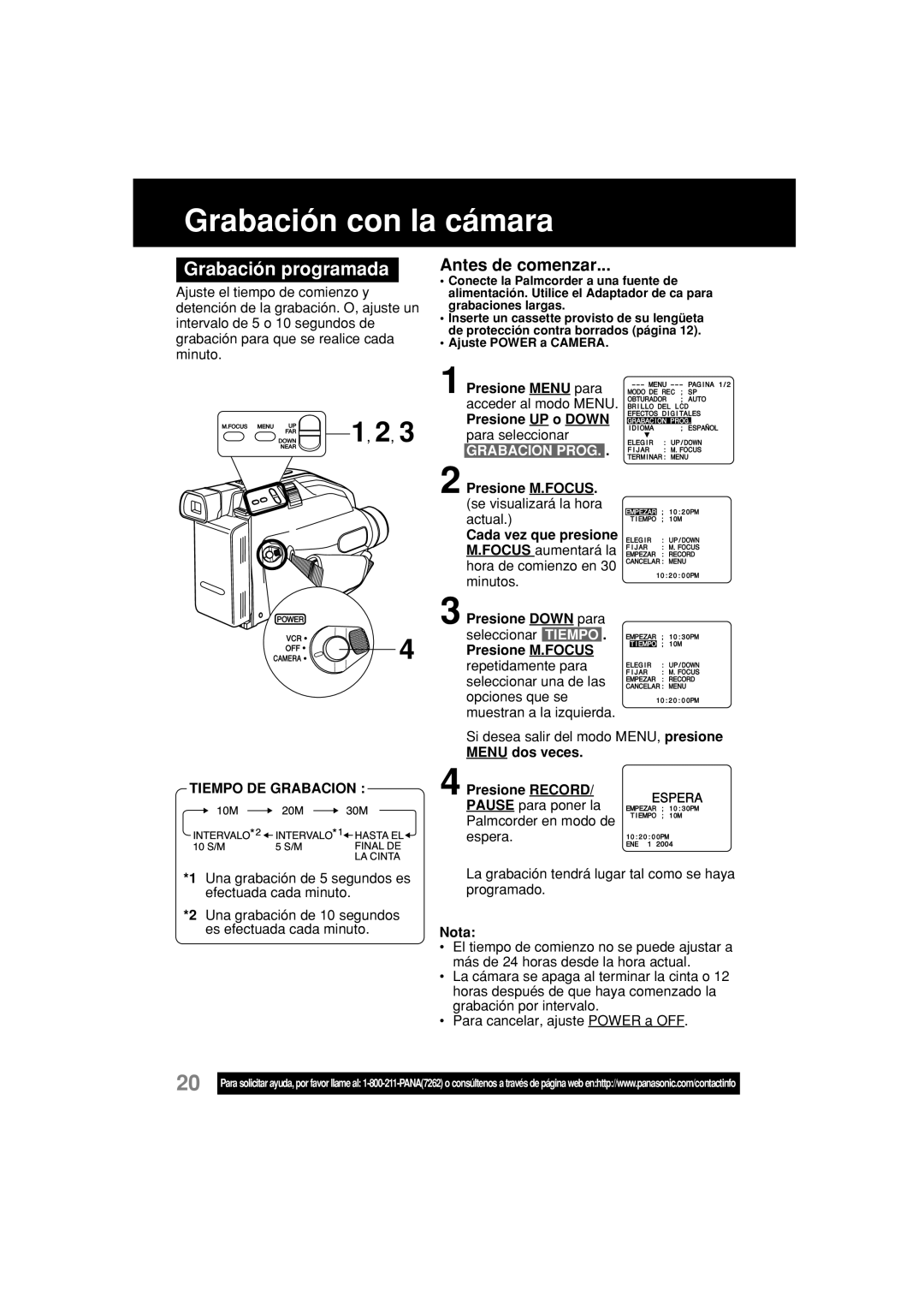 Panasonic PV-L354 Grabación programada, Tiempo DE Grabacion, Una grabación de 5 segundos es efectuada cada minuto 