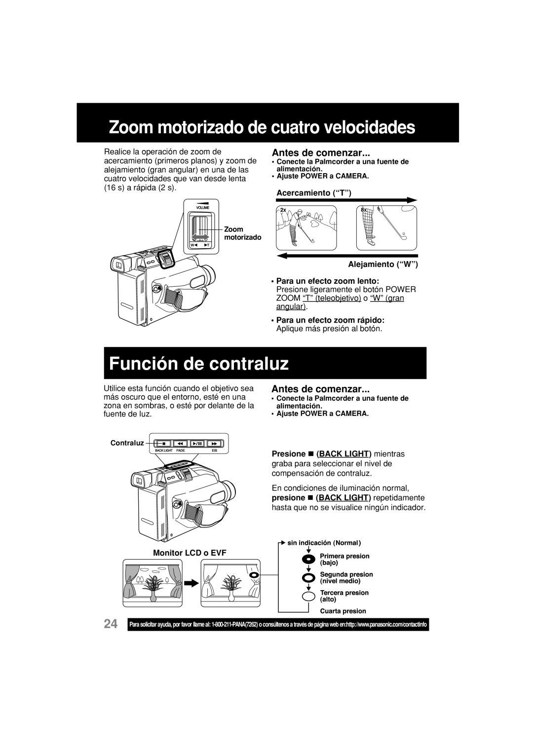 Panasonic PV-L354 operating instructions Función de contraluz, Acercamiento T, Alejamiento W Para un efecto zoom lento 