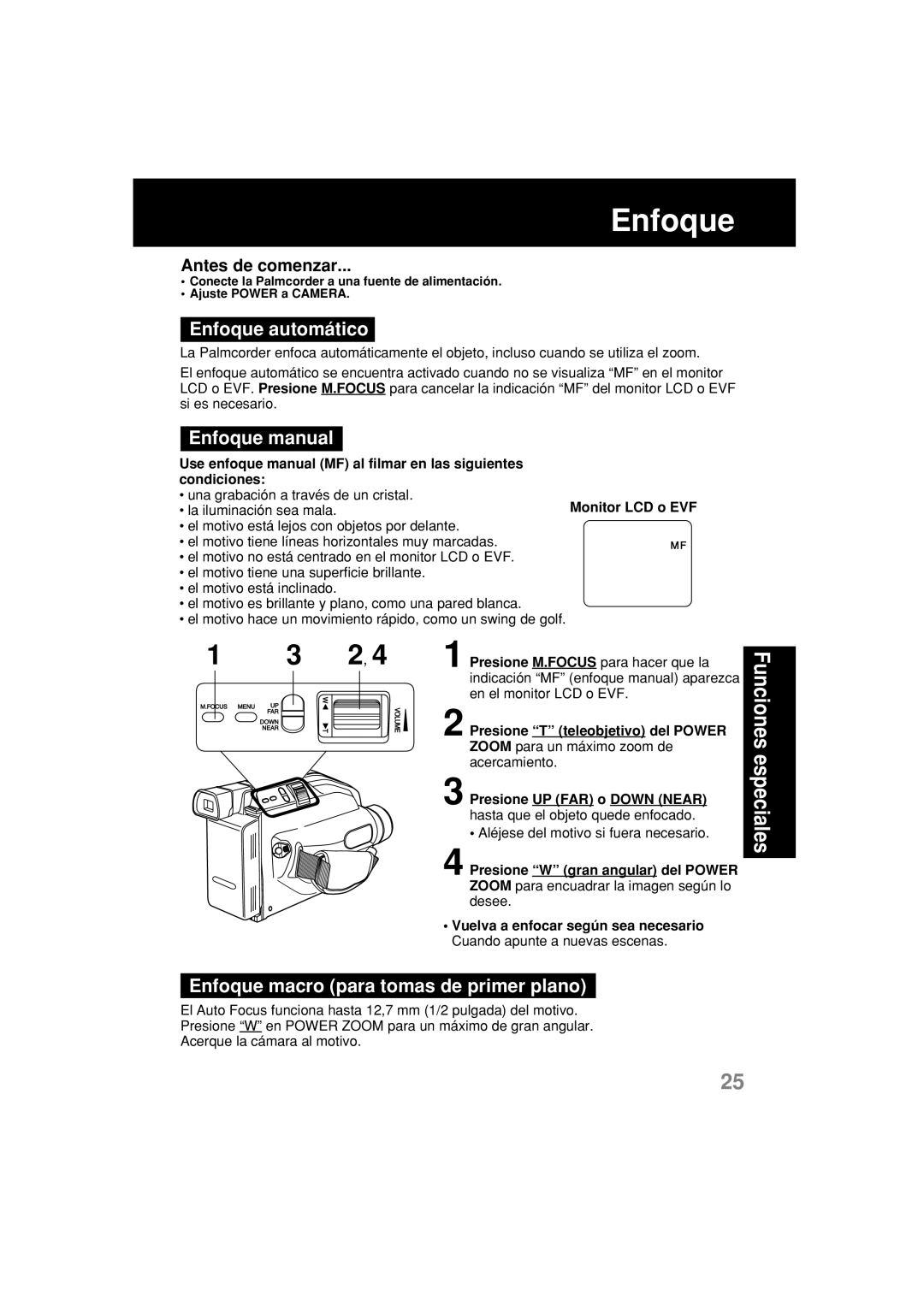 Panasonic PV-L354 operating instructions Enfoque automático, Enfoque manual, Enfoque macro para tomas de primer plano 