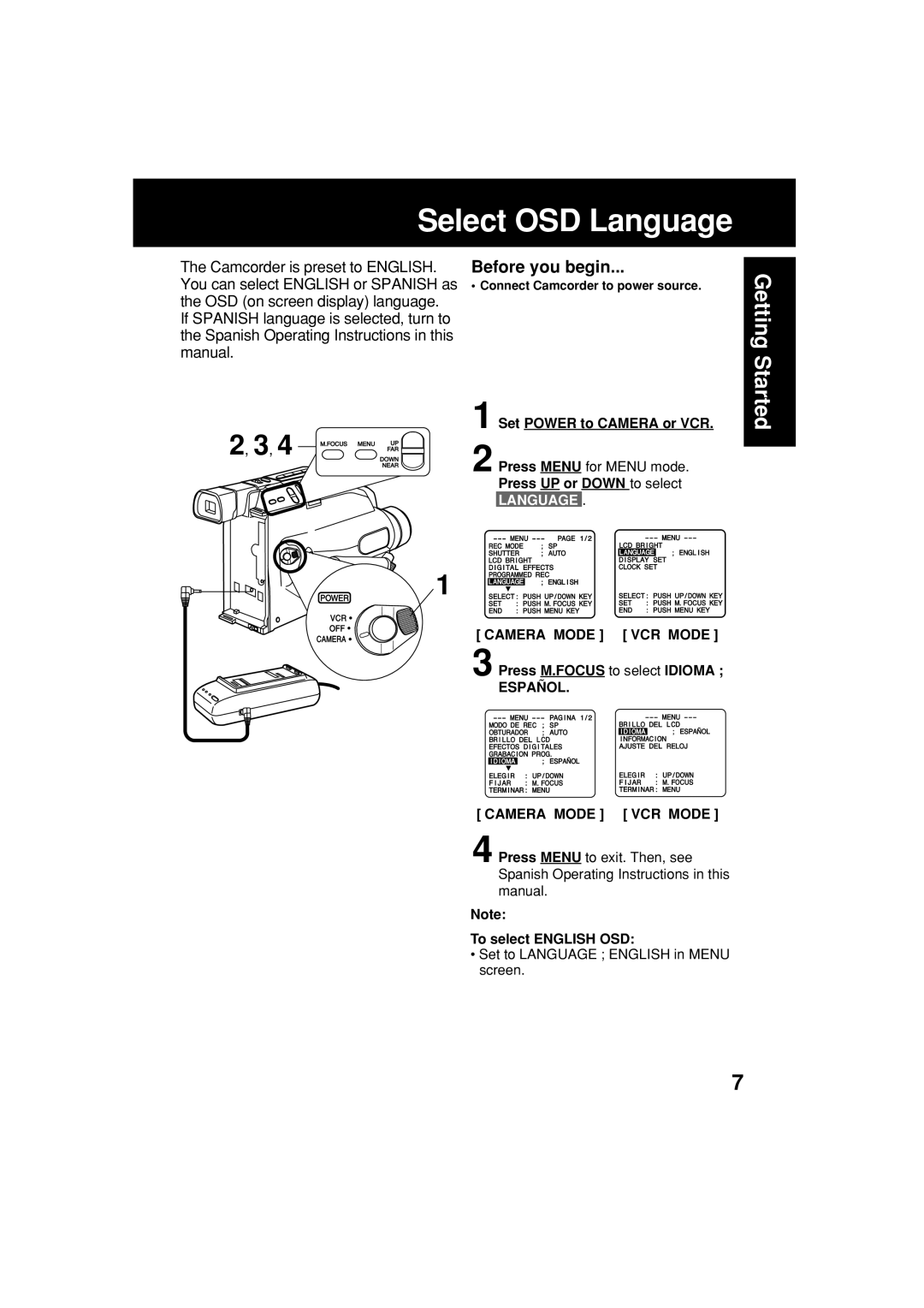 Panasonic PV-L354 operating instructions Select OSD Language, Español Camera Mode VCR Mode 