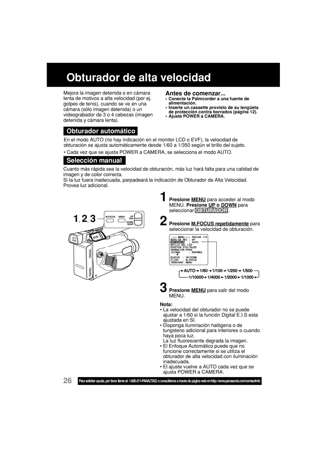 Panasonic PV-L354 Obturador de alta velocidad, Obturador automático, Selección manual, Seleccionar Obturador 