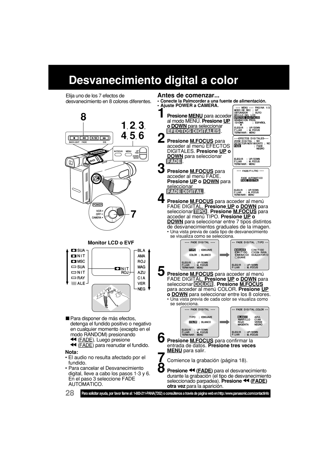 Panasonic PV-L354 operating instructions Desvanecimiento digital a color, Fade Digital, Seleccionado parpadea. Presione 