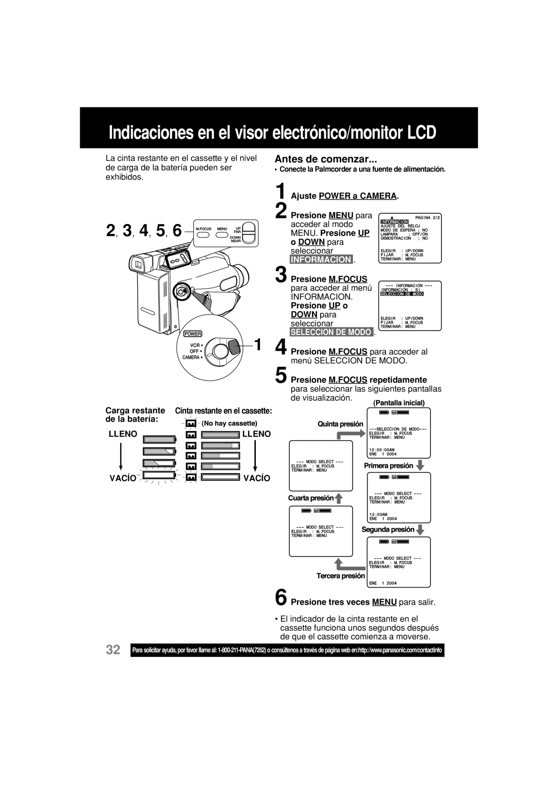 Panasonic PV-L354 operating instructions Informacion, Seleccion DE Modo, Lleno, Vacío 