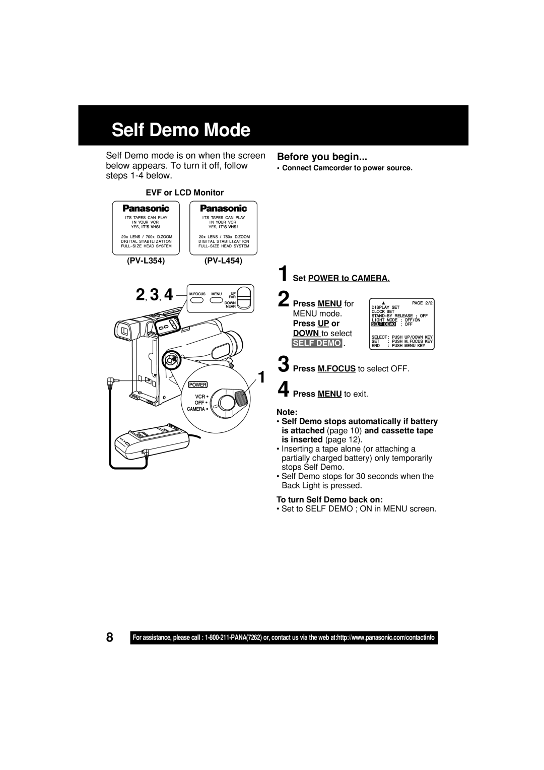 Panasonic PV-L354 operating instructions Self Demo Mode, EVF or LCD Monitor, To turn Self Demo back on 