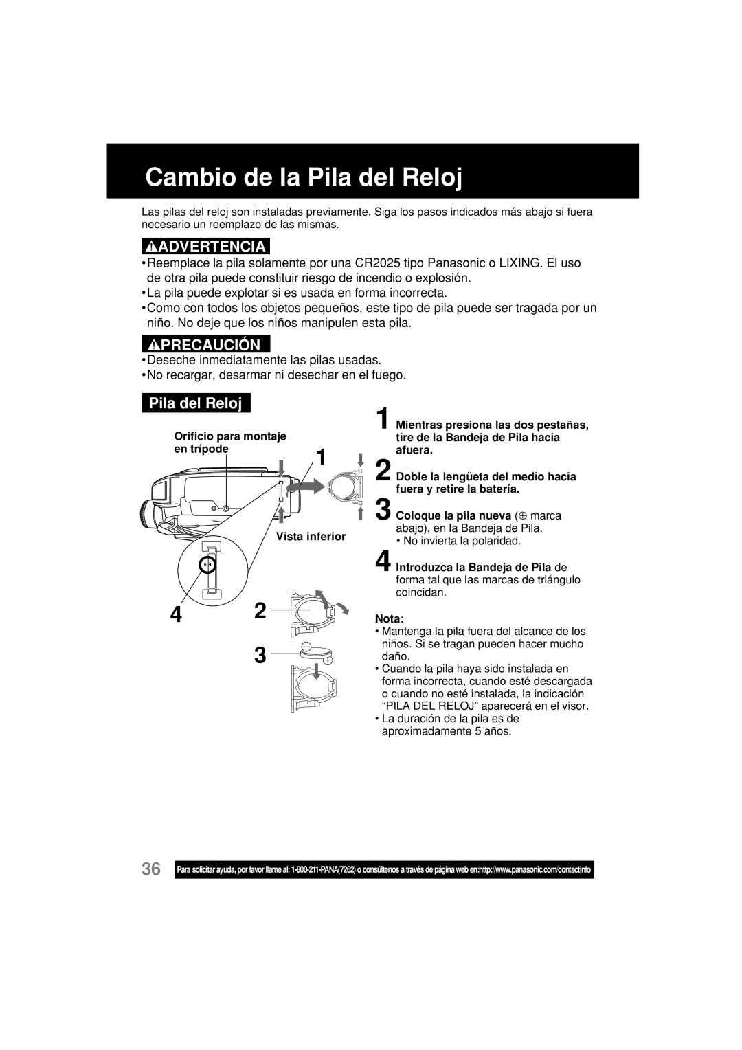 Panasonic PV-L354 operating instructions Cambio de la Pila del Reloj, No invierta la polaridad 