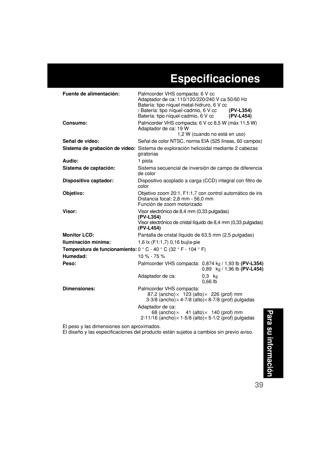 Panasonic PV-L354 operating instructions Especificaciones 