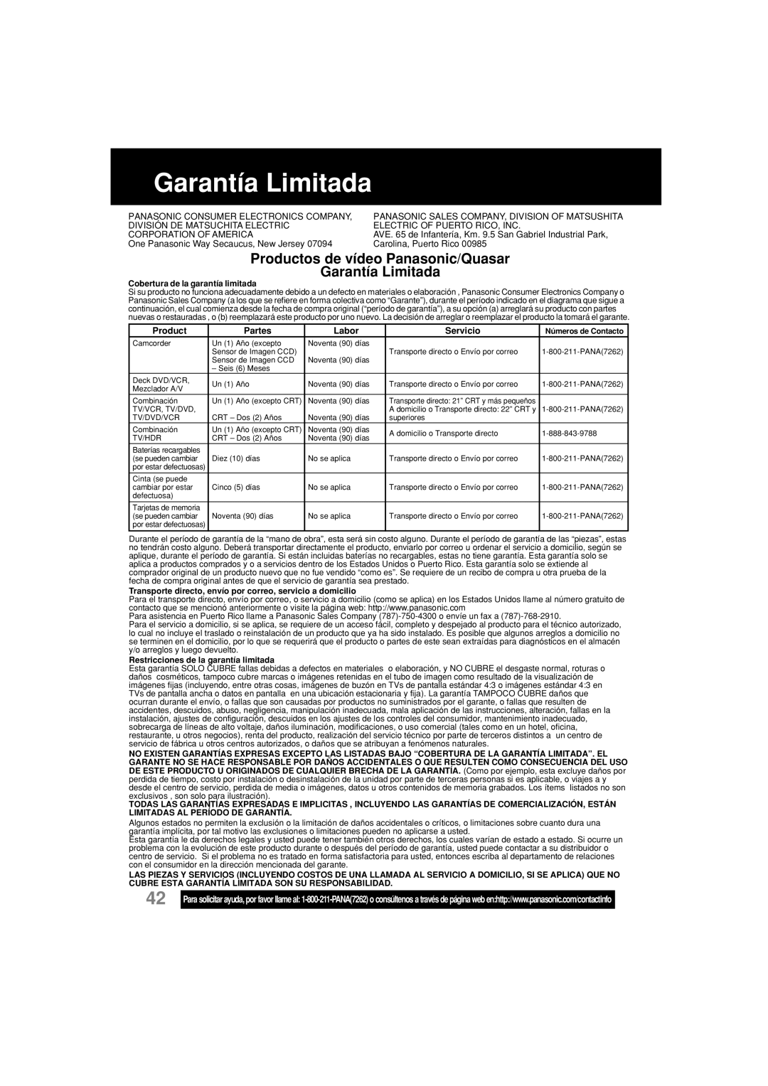 Panasonic PV-L354 operating instructions Productos de vídeo Panasonic/Quasar Garantía Limitada 