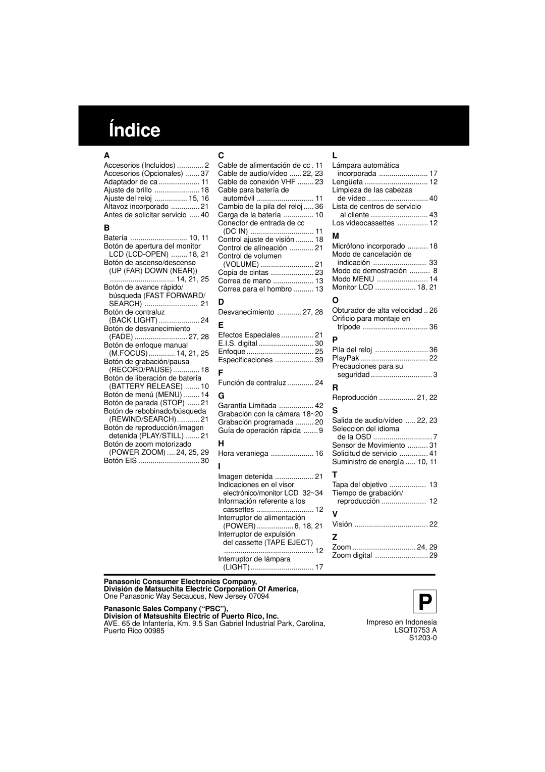 Panasonic PV-L354 operating instructions Índice, UP FAR Down Near 