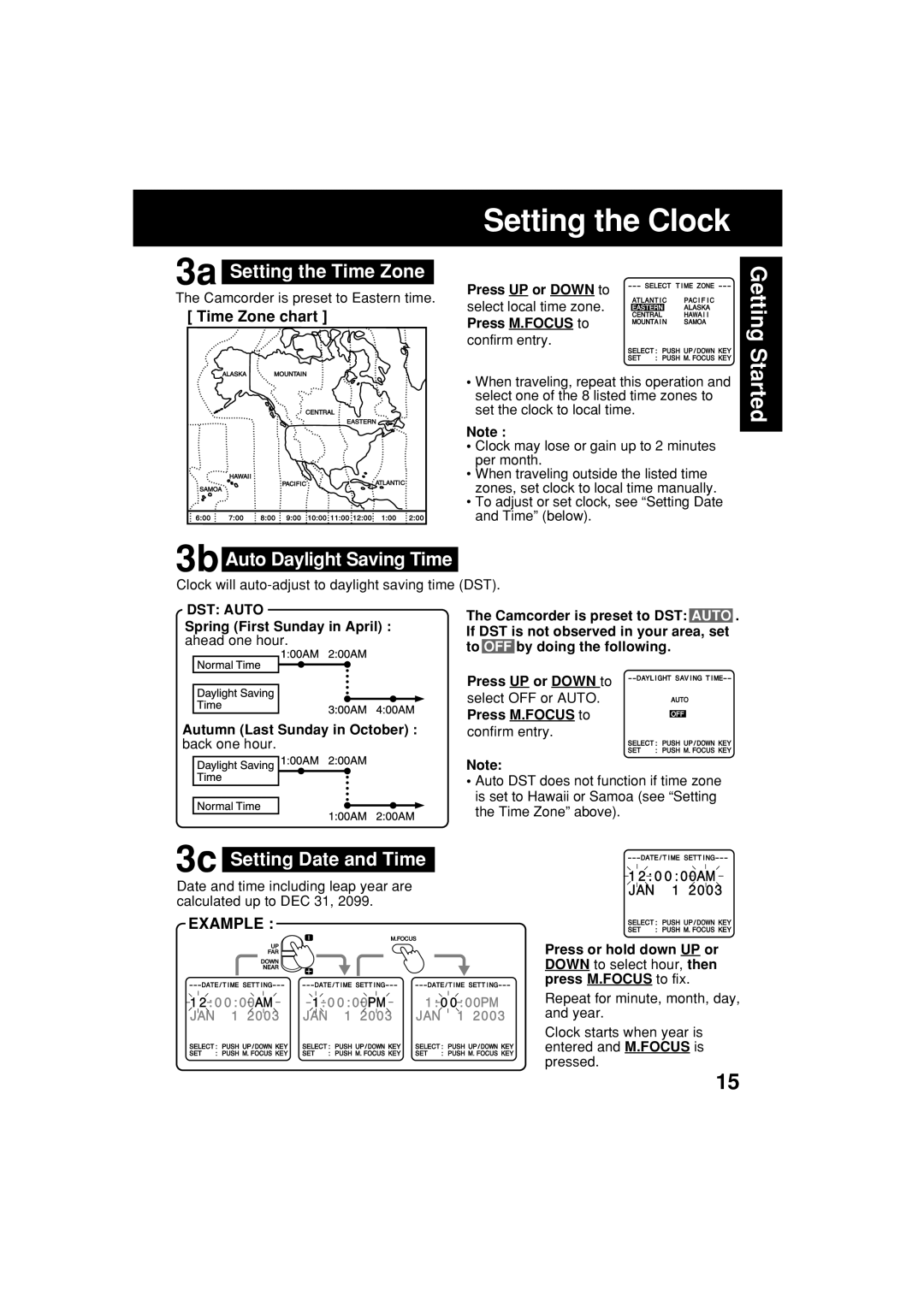 Panasonic PV-L453 3a Setting the Time Zone, 3b Auto Daylight Saving Time, 3c Setting Date and Time, Time Zone chart 