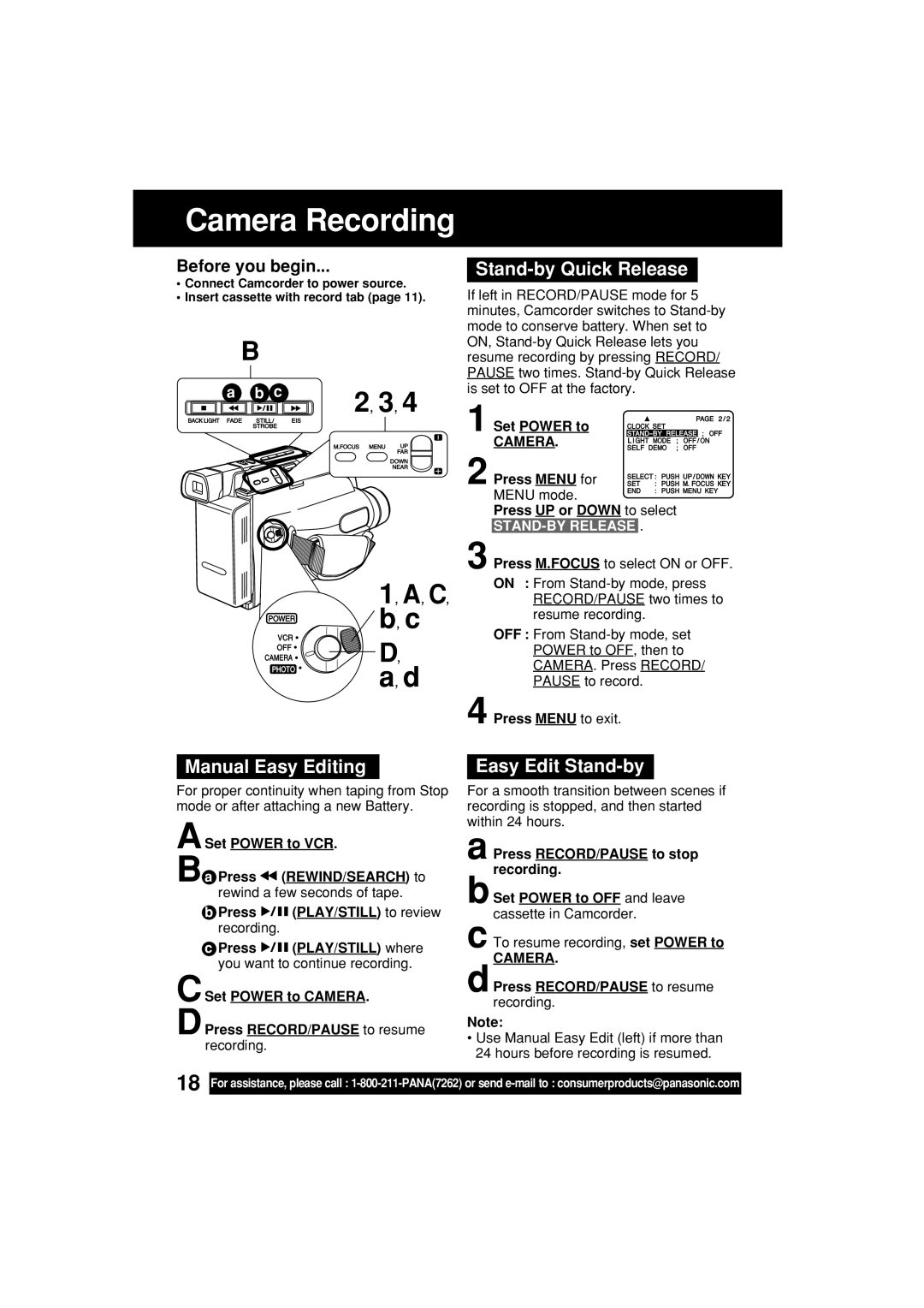 Panasonic PV-L453 operating instructions Stand-by Quick Release, Manual Easy Editing, Easy Edit Stand-by, STAND-BY Release 