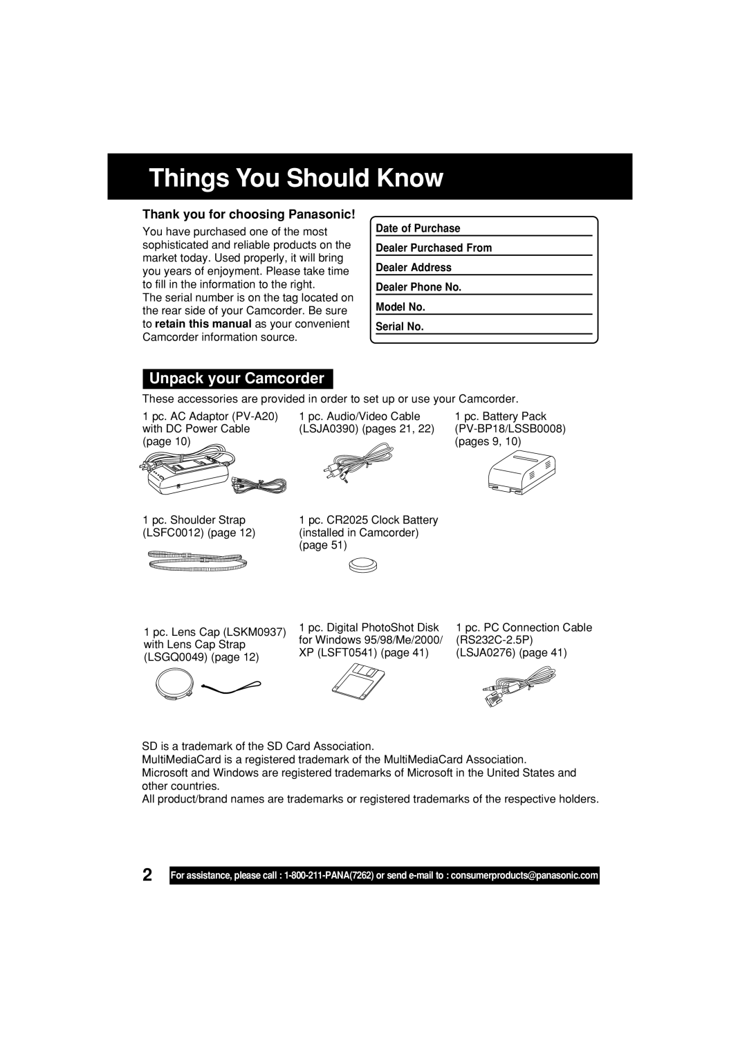 Panasonic PV-L453 operating instructions Things You Should Know, Unpack your Camcorder, Thank you for choosing Panasonic 