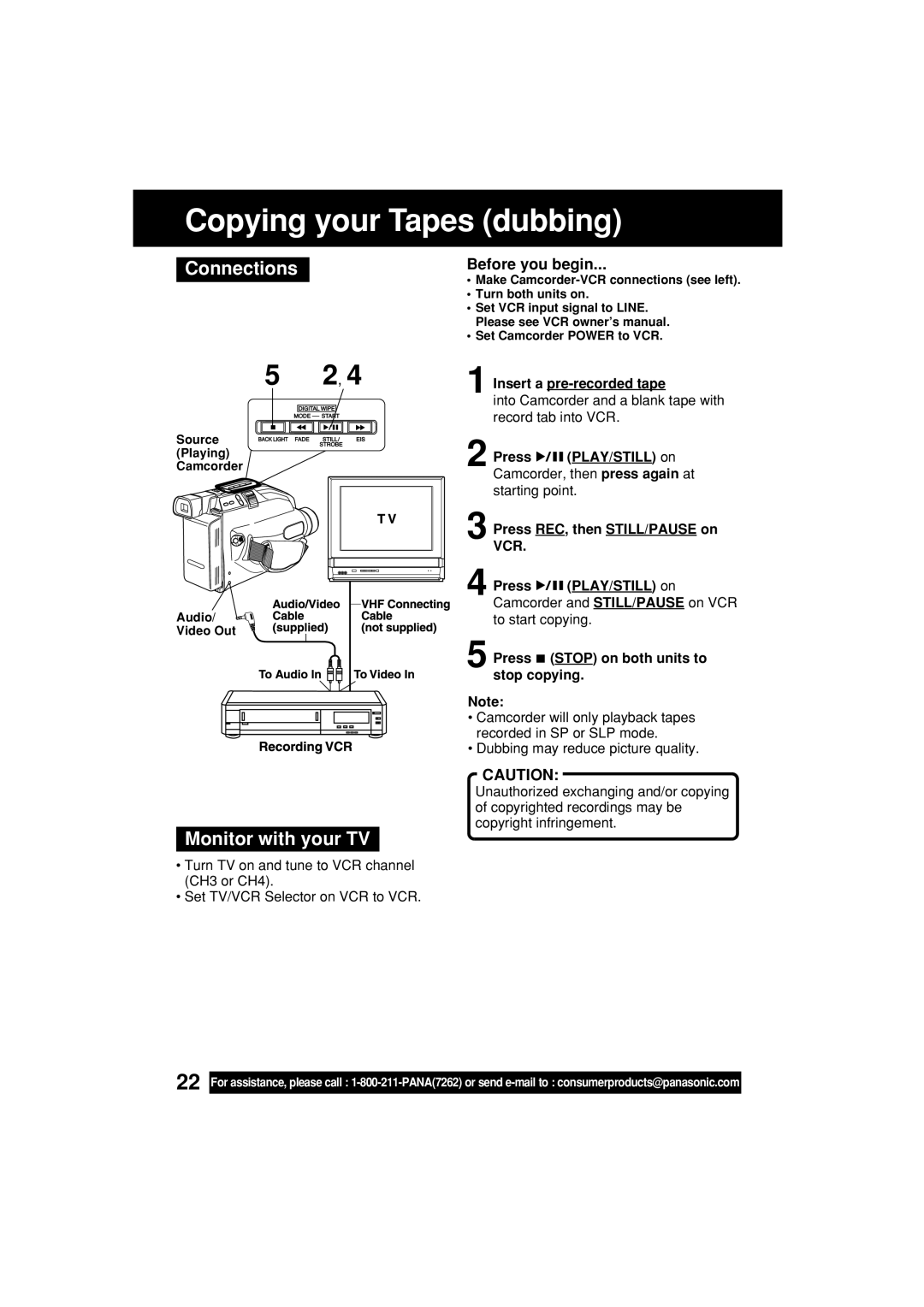 Panasonic PV-L453 operating instructions Copying your Tapes dubbing, Connections, Monitor with your TV, Before you begin 