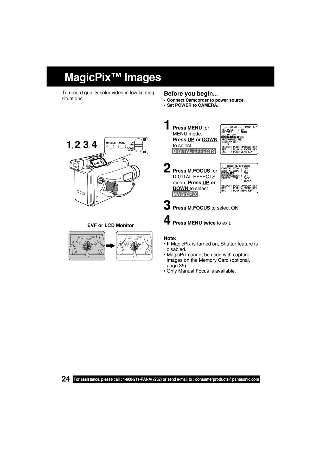 Panasonic PV-L453 MagicPix Images, Press Menu for Menu mode Press UP or Down to select, Digital Effects, Press M.FOCUS for 