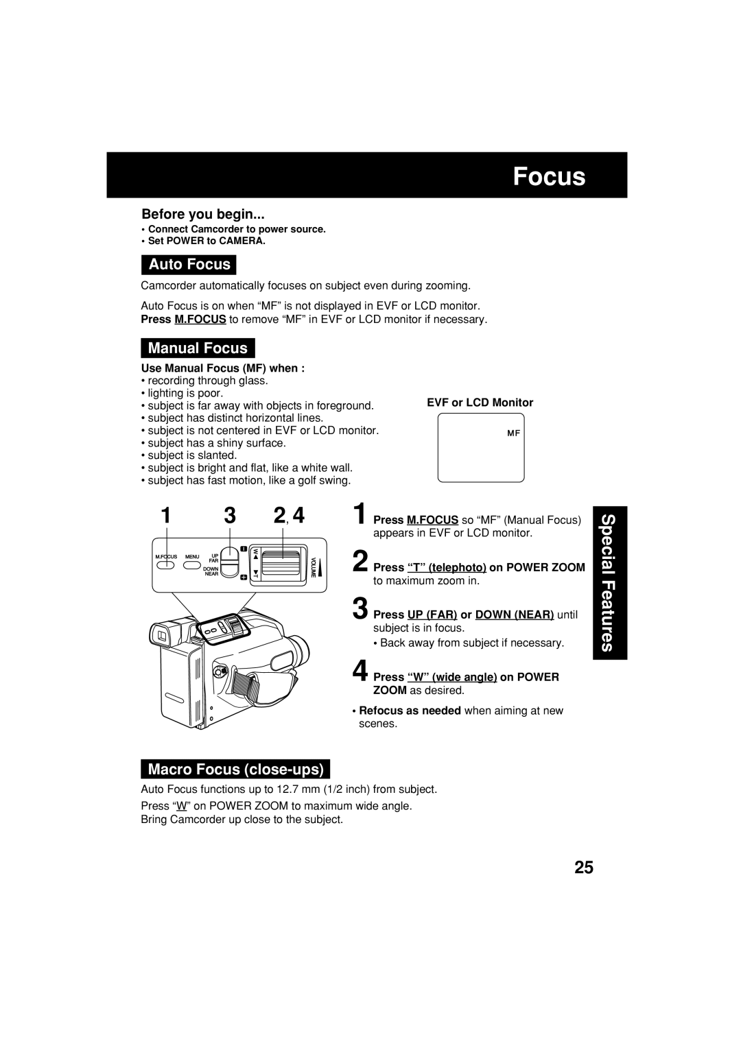 Panasonic PV-L453 operating instructions Auto Focus, Manual Focus, Macro Focus close-ups 