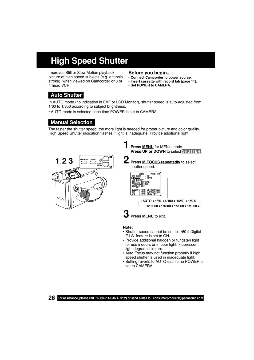 Panasonic PV-L453 High Speed Shutter, Auto Shutter, Manual Selection, Press M.FOCUS repeatedly to select 