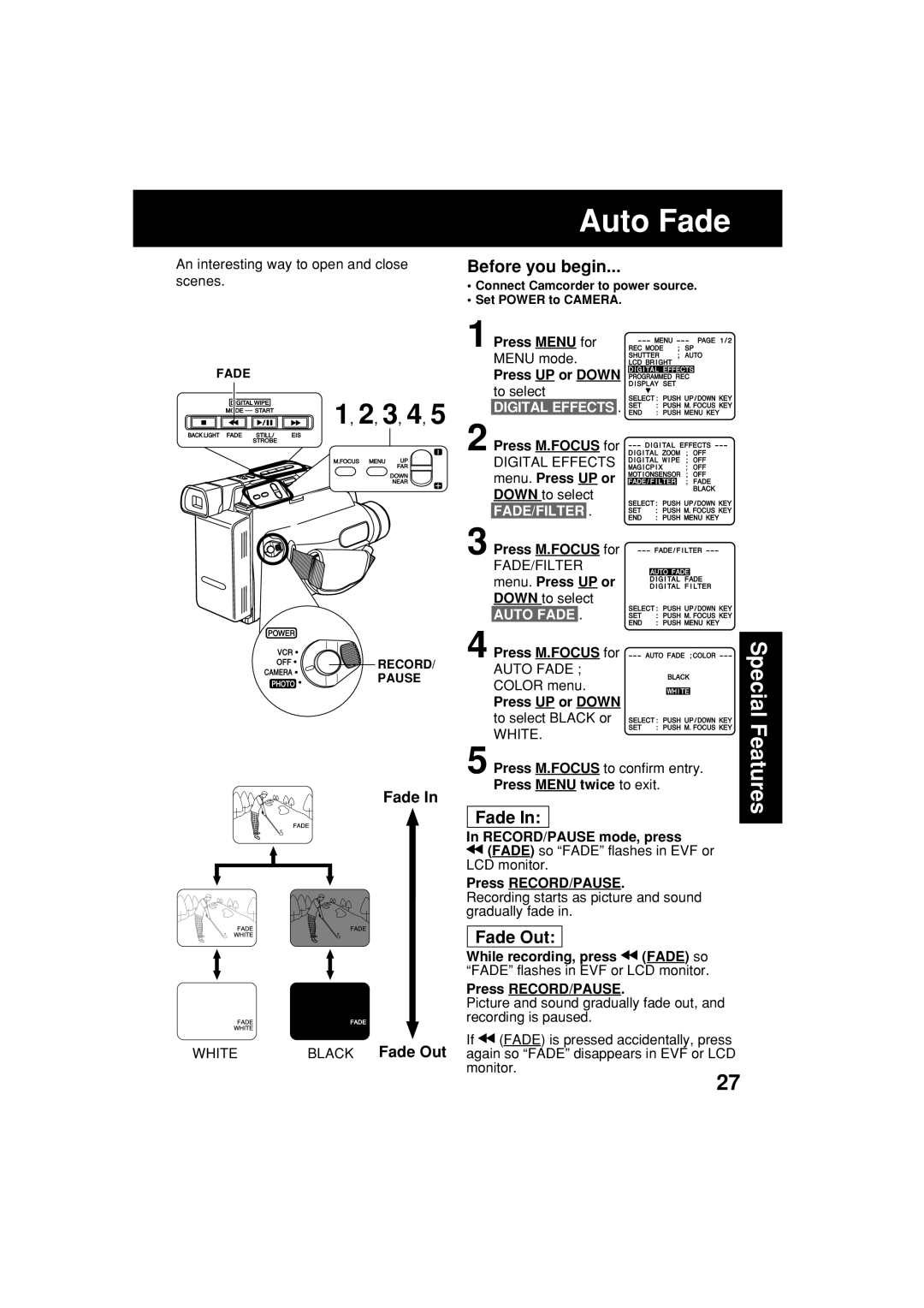 Panasonic PV-L453 operating instructions Auto Fade, Black Fade Out, Fade/Filter 