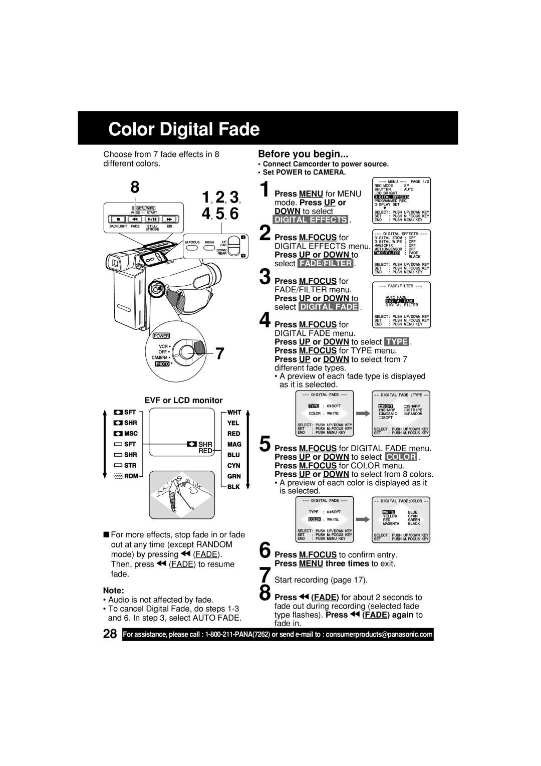 Panasonic PV-L453 operating instructions Color Digital Fade, EVF or LCD monitor 