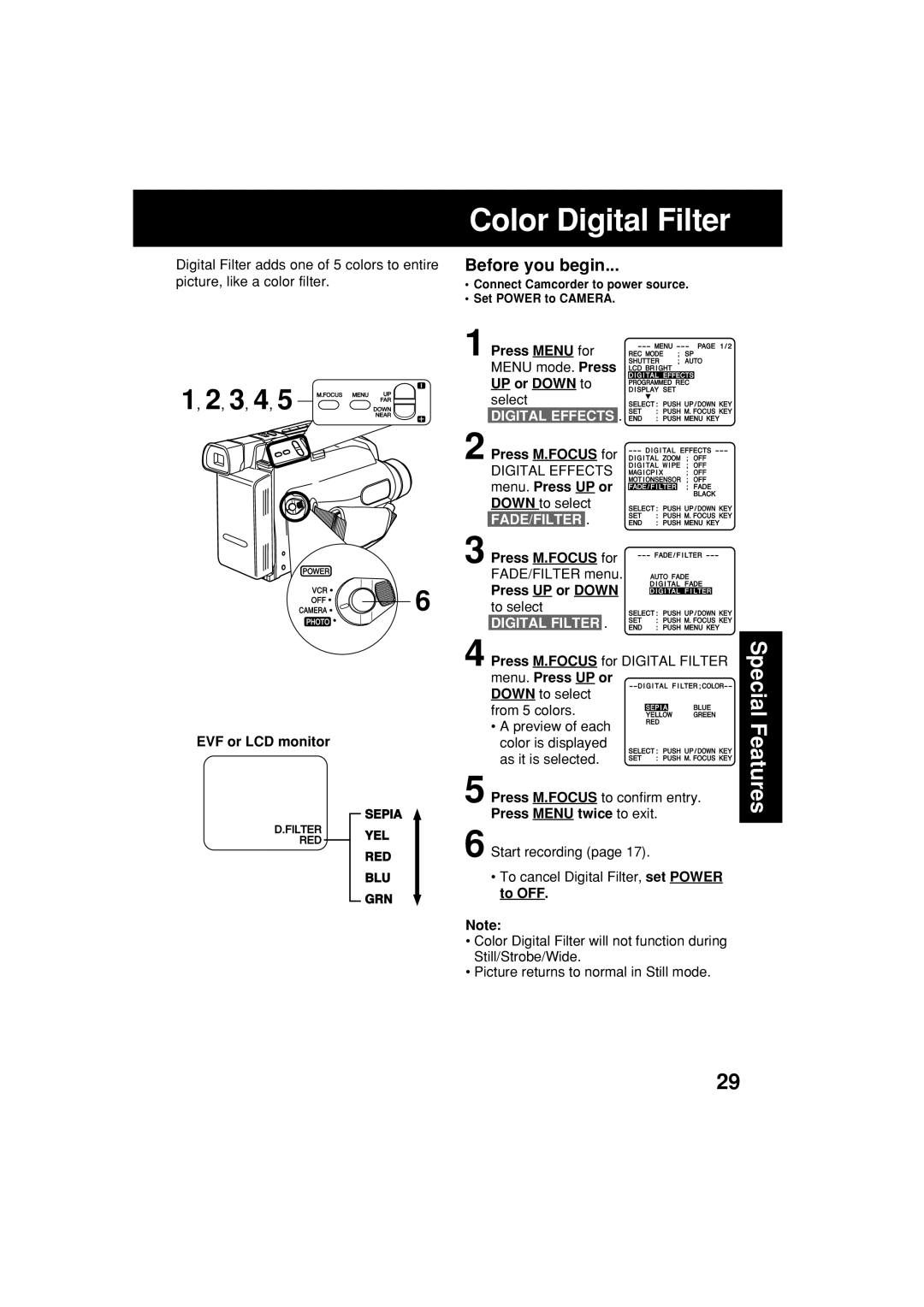 Panasonic PV-L453 operating instructions Press Menu for Menu mode. Press UP or Down to select, Digital Filter 