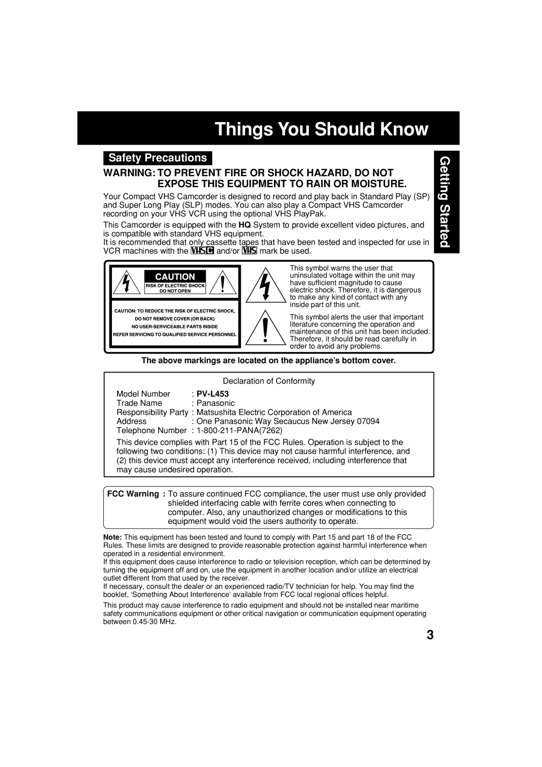 Panasonic PV-L453 operating instructions Safety Precautions, Above markings are located on the appliance’s bottom cover 