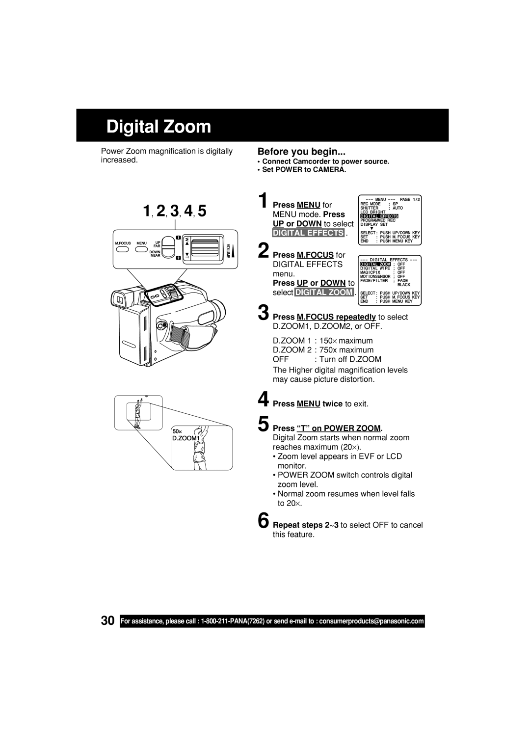 Panasonic PV-L453 operating instructions Digital Zoom, Press M.FOCUS repeatedly to select D.ZOOM1, D.ZOOM2, or OFF 