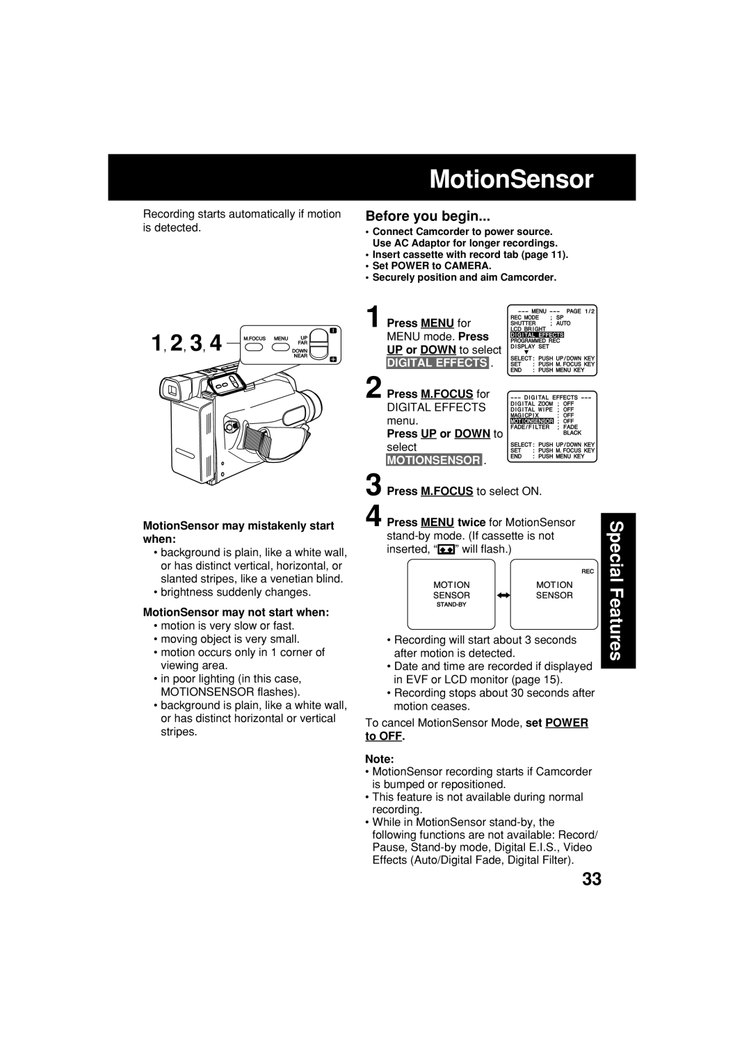 Panasonic PV-L453 MotionSensor may mistakenly start when, MotionSensor may not start when, Motionsensor 