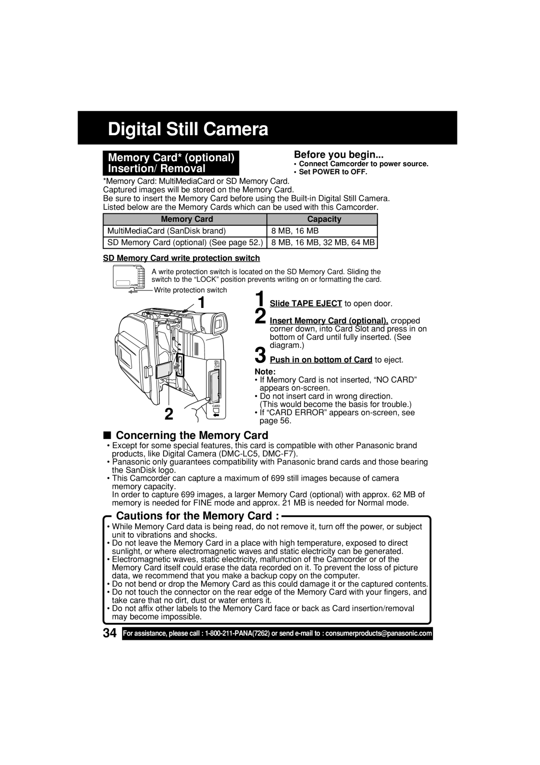 Panasonic PV-L453 Digital Still Camera, Memory Card* optional, Insertion/ Removal, Memory Card Capacity 