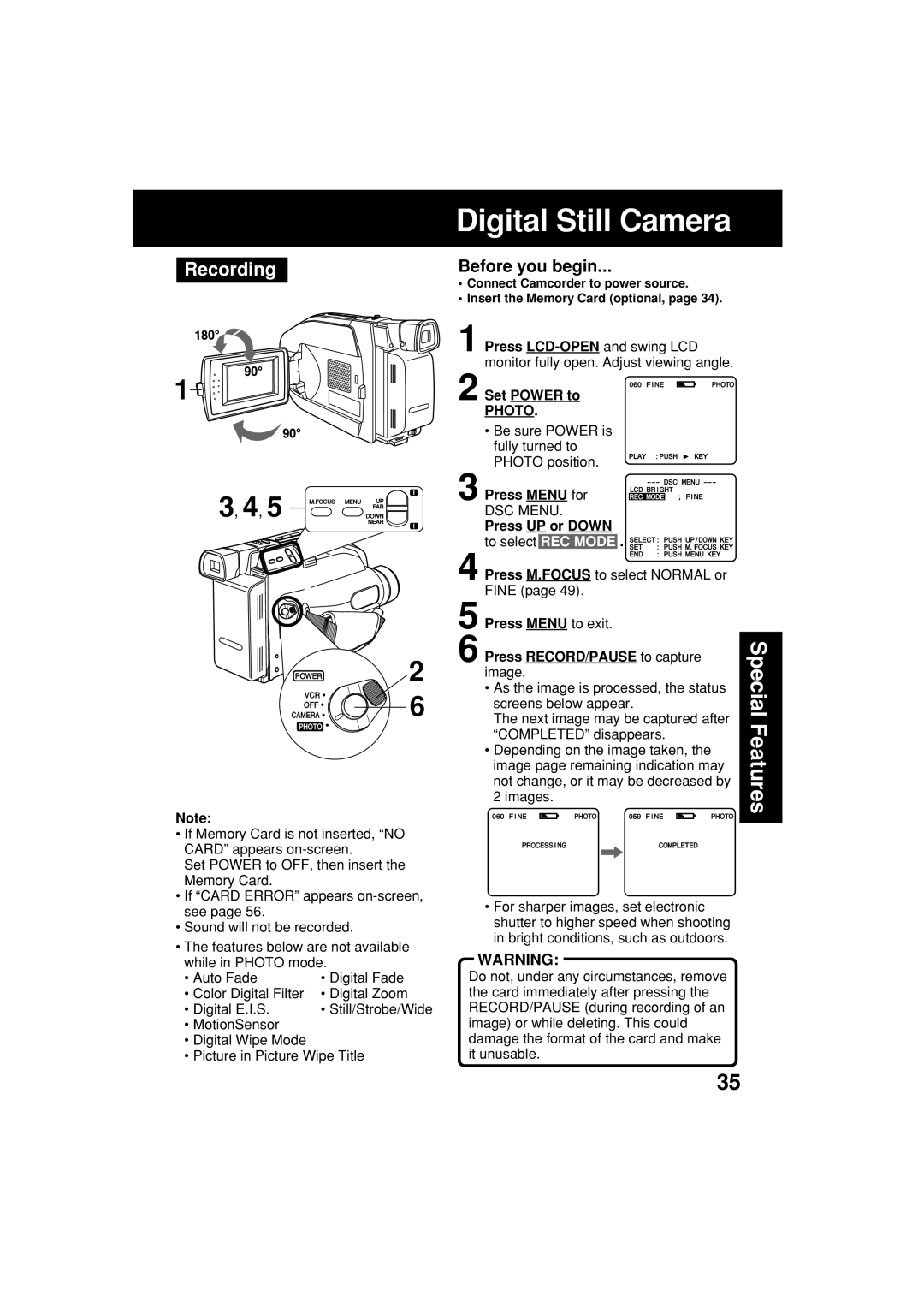 Panasonic PV-L453 operating instructions Recording, Photo, Press UP or Down, Press RECORD/PAUSE to capture 