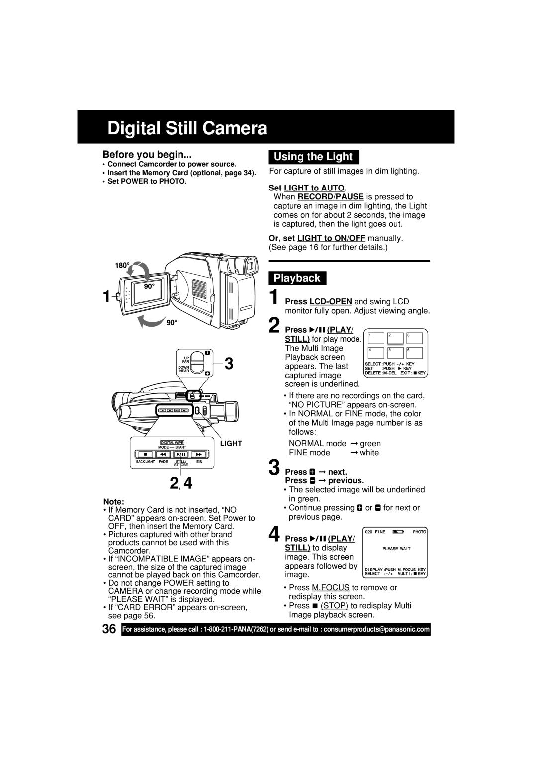 Panasonic PV-L453 operating instructions Playback, Set Light to Auto, Press Play 